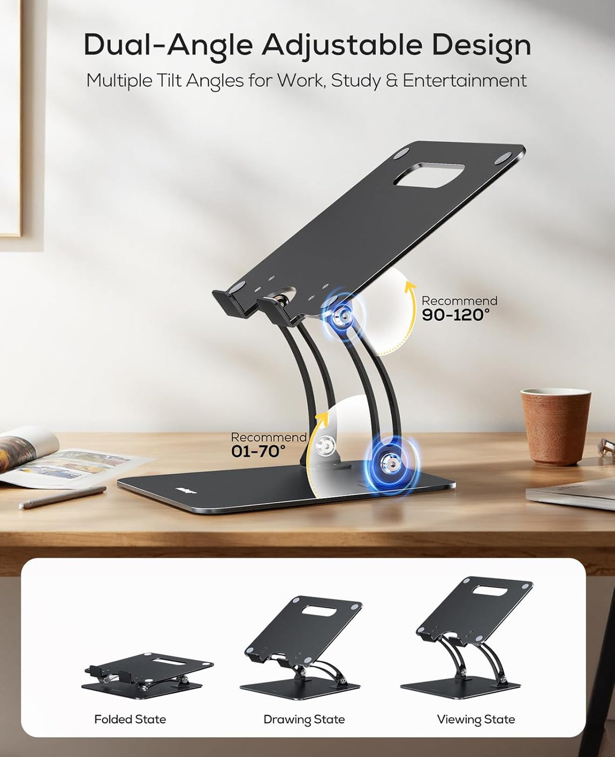 Ergonomic Adjustable Laptop Stand for Desk, Dual Foldable Computer Riser with Advanced Heat-Vent, Heavy-Duty Portable Notebook Holder for Posture Correction, Compatible with Mac 10-16" Laptops