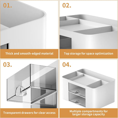 Pen Organizer with 2 Drawer, Multi-Functional Pencil Holder for Desk, Desk Organizers and Accessories with 5 Compartments + Drawer for Office Art Supplies (White)