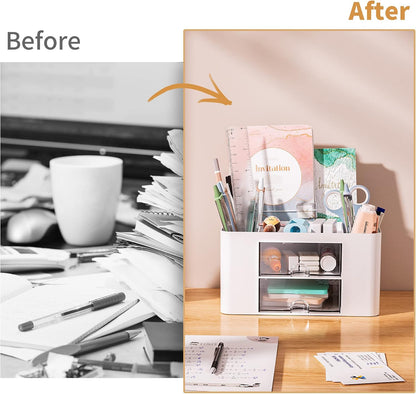 Pen Organizer with 2 Drawer, Multi-Functional Pencil Holder for Desk, Desk Organizers and Accessories with 5 Compartments + Drawer for Office Art Supplies (White)