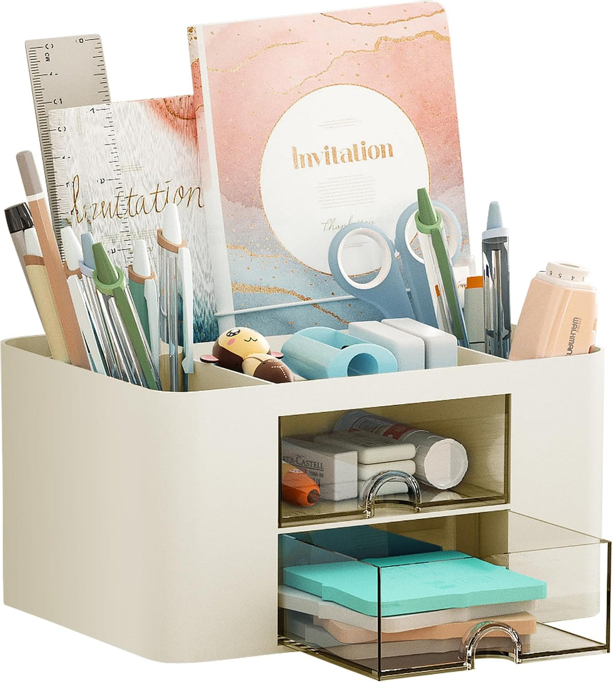 Pen Organizer with 2 Drawer, Multi-Functional Pencil Holder for Desk, Desk Organizers and Accessories with 5 Compartments + Drawer for Office Art Supplies (White)