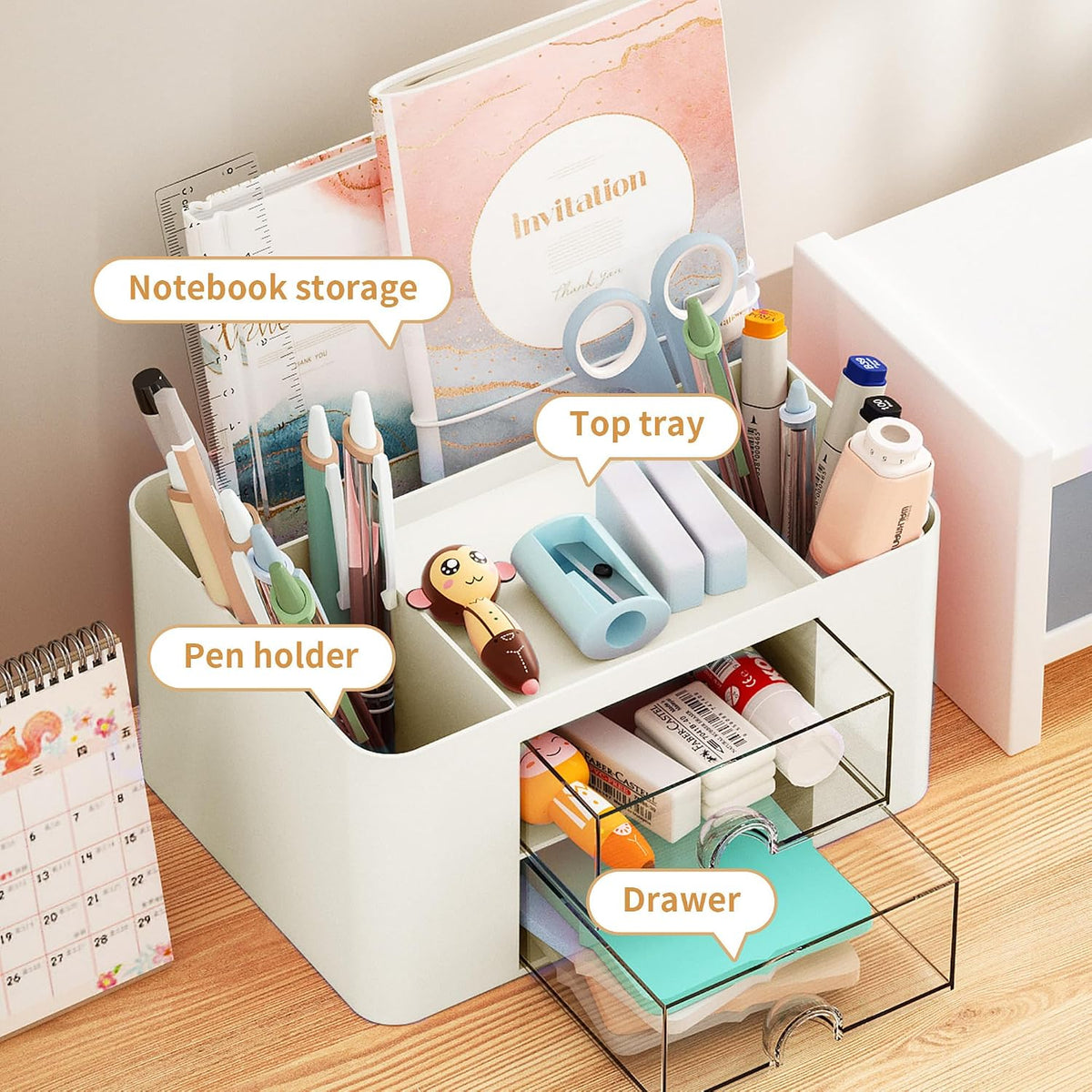 Pen Organizer with 2 Drawer, Multi-Functional Pencil Holder for Desk, Desk Organizers and Accessories with 5 Compartments + Drawer for Office Art Supplies (White)