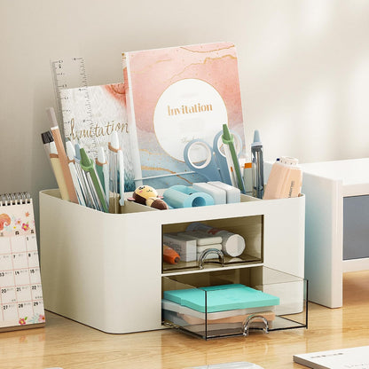 Pen Organizer with 2 Drawer, Multi-Functional Pencil Holder for Desk, Desk Organizers and Accessories with 5 Compartments + Drawer for Office Art Supplies (White)