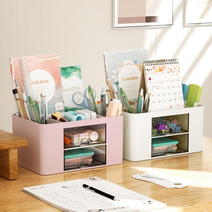 Pen Organizer with 2 Drawer, Multi-Functional Pencil Holder for Desk, Desk Organizers and Accessories with 5 Compartments + Drawer for Office Art Supplies (White)