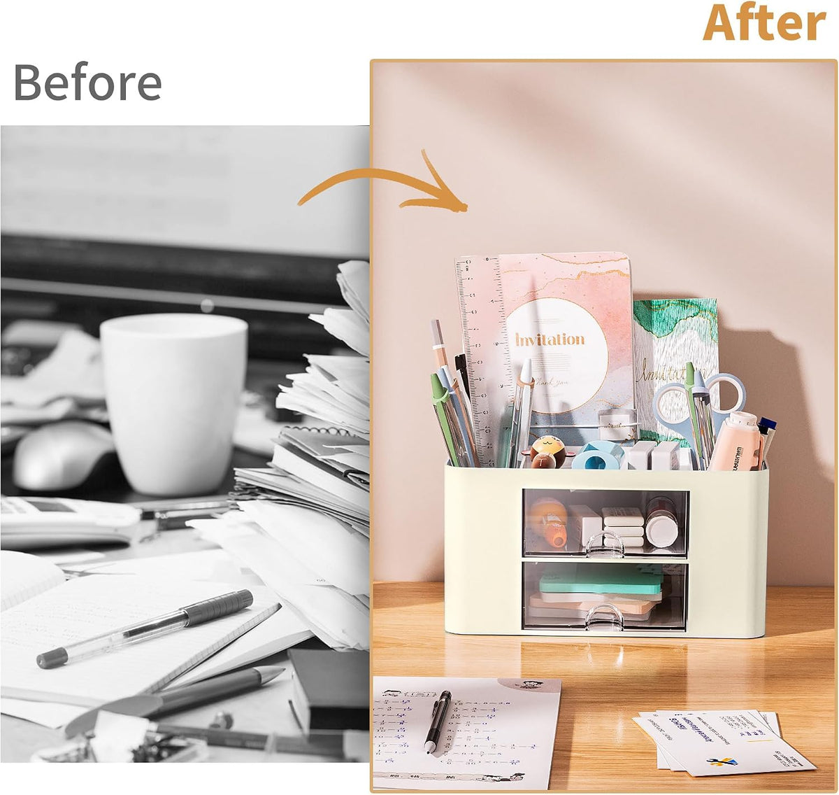 Pen Organizer with 2 Drawer, Multi-Functional Pencil Holder for Desk, Desk Organizers and Accessories with 5 Compartments + Drawer for Office Art Supplies (White)
