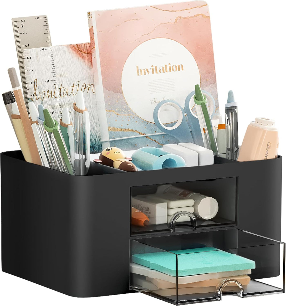 Pen Organizer with 2 Drawer, Multi-Functional Pencil Holder for Desk, Desk Organizers and Accessories with 5 Compartments + Drawer for Office Art Supplies (White)