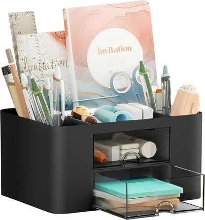 Pen Organizer with 2 Drawer, Multi-Functional Pencil Holder for Desk, Desk Organizers and Accessories with 5 Compartments + Drawer for Office Art Supplies (White)