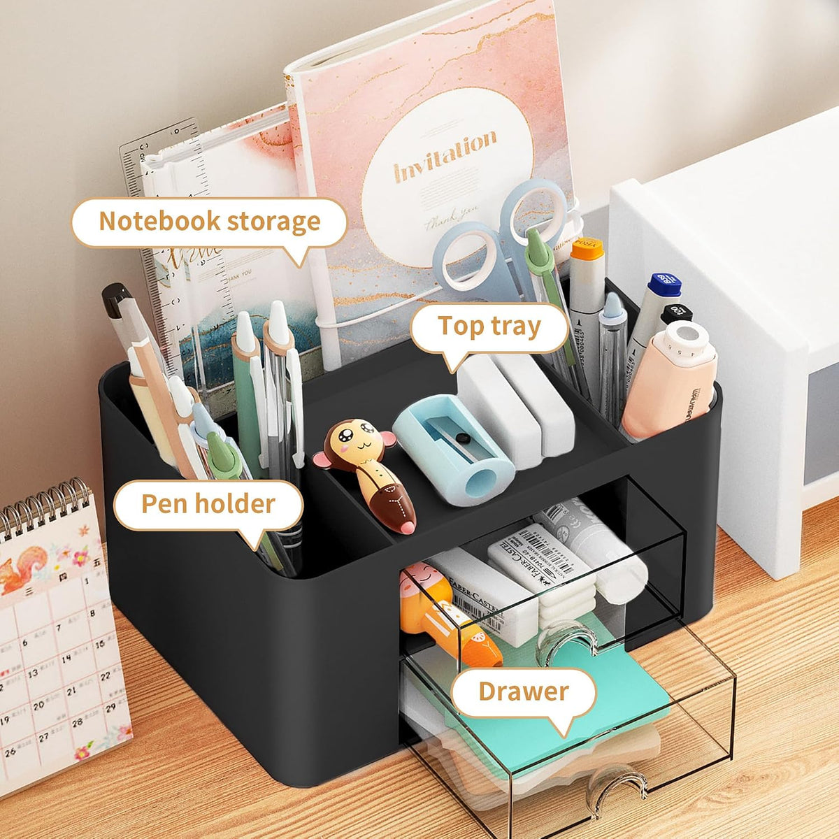 Pen Organizer with 2 Drawer, Multi-Functional Pencil Holder for Desk, Desk Organizers and Accessories with 5 Compartments + Drawer for Office Art Supplies (White)