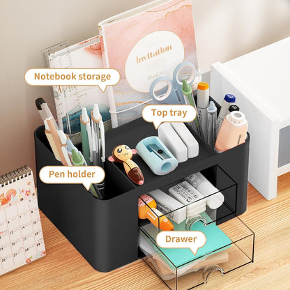 Pen Organizer with 2 Drawer, Multi-Functional Pencil Holder for Desk, Desk Organizers and Accessories with 5 Compartments + Drawer for Office Art Supplies (White)