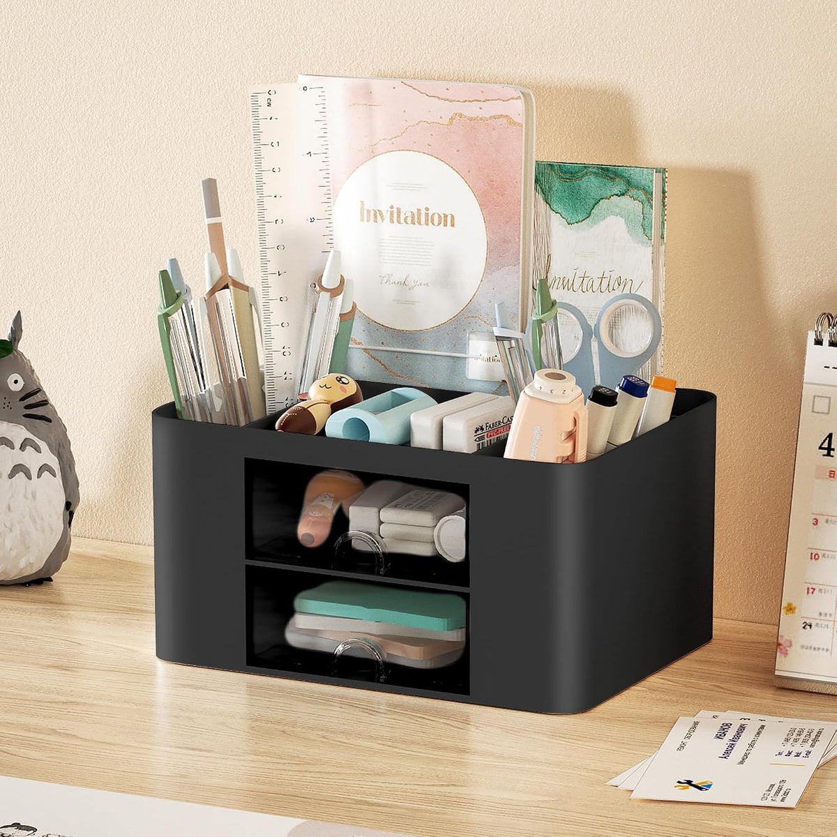 Pen Organizer with 2 Drawer, Multi-Functional Pencil Holder for Desk, Desk Organizers and Accessories with 5 Compartments + Drawer for Office Art Supplies (White)