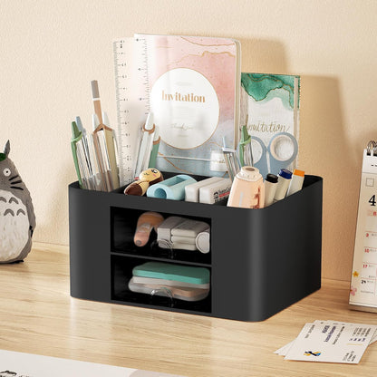 Pen Organizer with 2 Drawer, Multi-Functional Pencil Holder for Desk, Desk Organizers and Accessories with 5 Compartments + Drawer for Office Art Supplies (White)