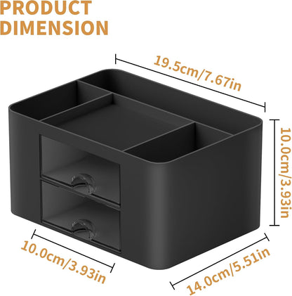 Pen Organizer with 2 Drawer, Multi-Functional Pencil Holder for Desk, Desk Organizers and Accessories with 5 Compartments + Drawer for Office Art Supplies (White)