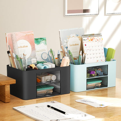 Pen Organizer with 2 Drawer, Multi-Functional Pencil Holder for Desk, Desk Organizers and Accessories with 5 Compartments + Drawer for Office Art Supplies (White)