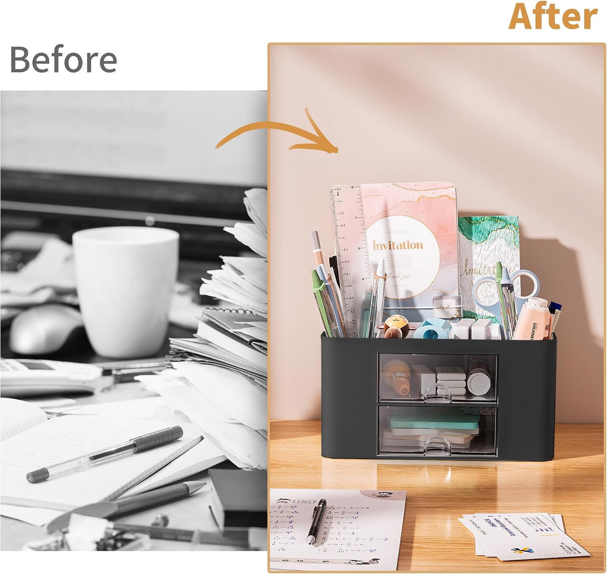 Pen Organizer with 2 Drawer, Multi-Functional Pencil Holder for Desk, Desk Organizers and Accessories with 5 Compartments + Drawer for Office Art Supplies (White)