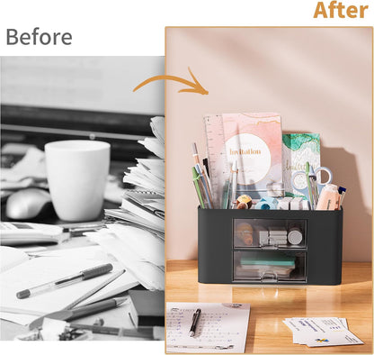Pen Organizer with 2 Drawer, Multi-Functional Pencil Holder for Desk, Desk Organizers and Accessories with 5 Compartments + Drawer for Office Art Supplies (White)