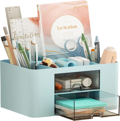 Pen Organizer with 2 Drawer, Multi-Functional Pencil Holder for Desk, Desk Organizers and Accessories with 5 Compartments + Drawer for Office Art Supplies (White)