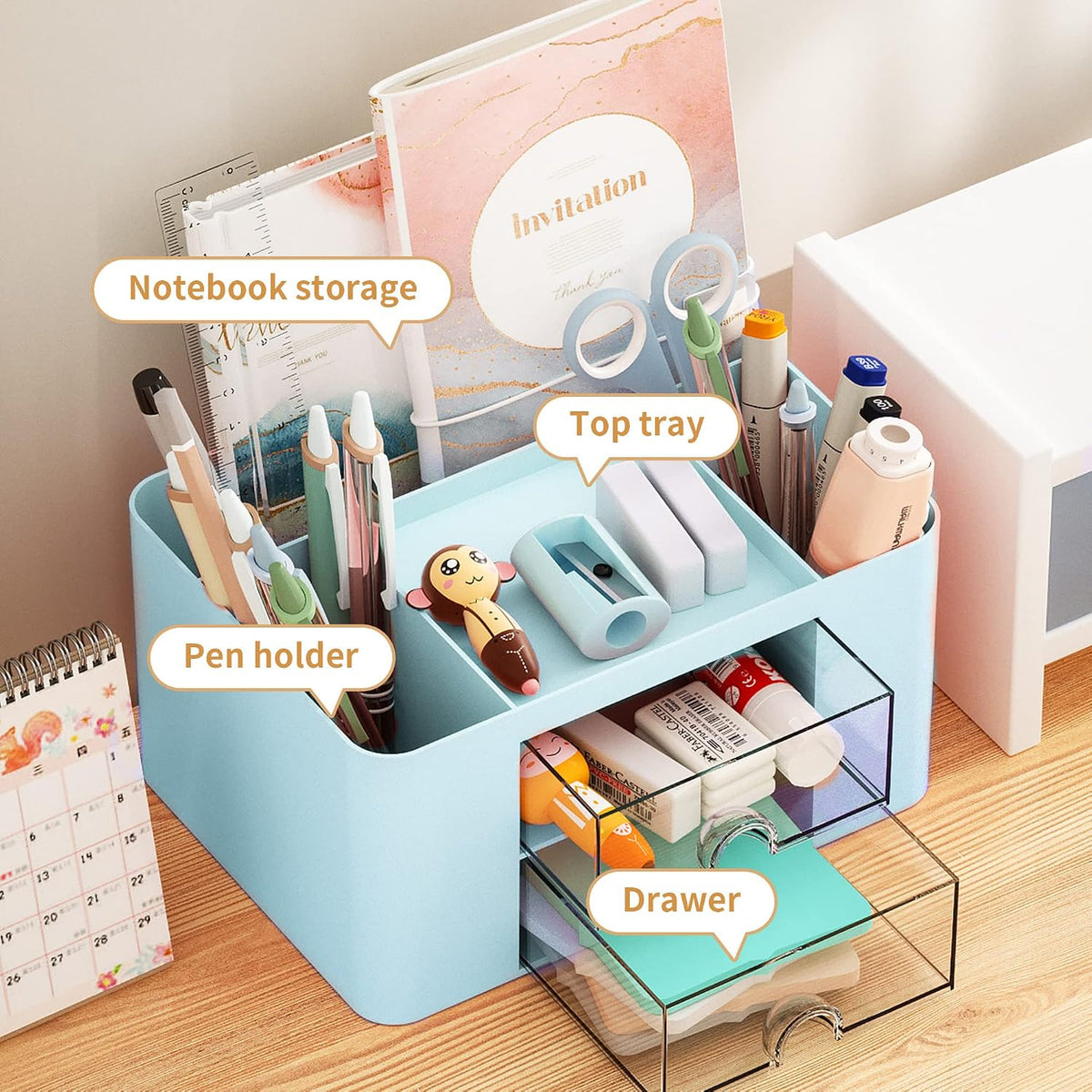 Pen Organizer with 2 Drawer, Multi-Functional Pencil Holder for Desk, Desk Organizers and Accessories with 5 Compartments + Drawer for Office Art Supplies (White)