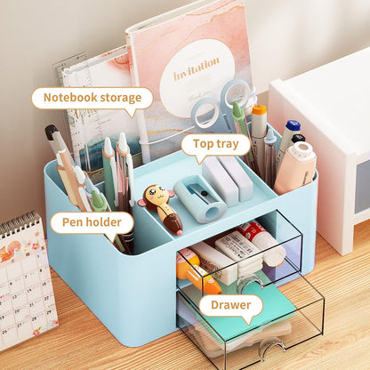 Pen Organizer with 2 Drawer, Multi-Functional Pencil Holder for Desk, Desk Organizers and Accessories with 5 Compartments + Drawer for Office Art Supplies (White)