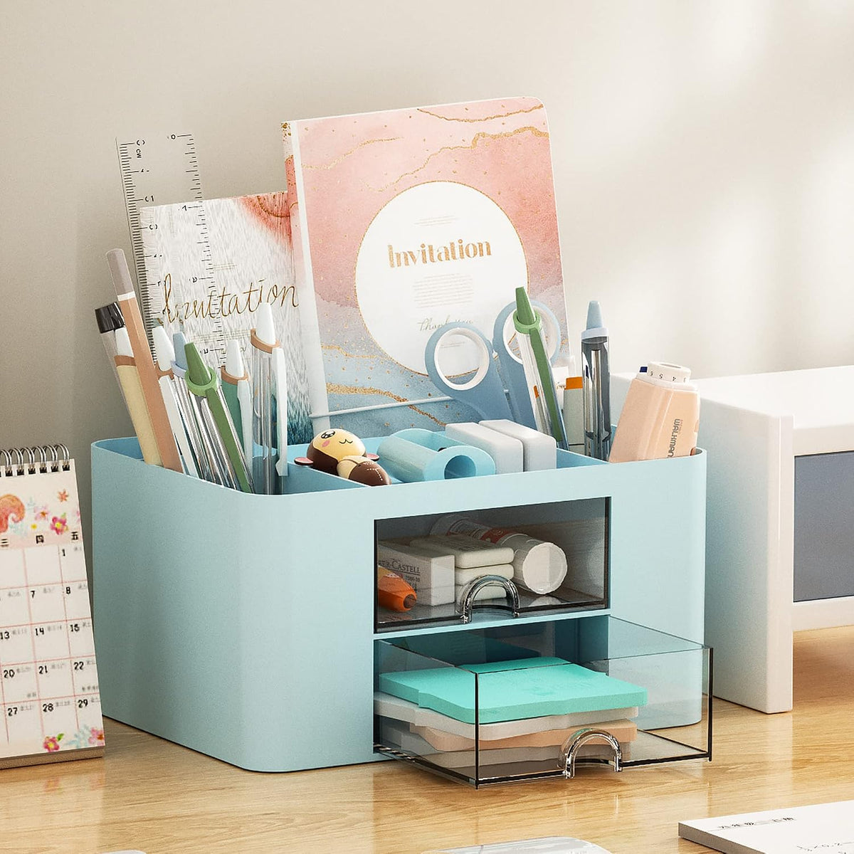 Pen Organizer with 2 Drawer, Multi-Functional Pencil Holder for Desk, Desk Organizers and Accessories with 5 Compartments + Drawer for Office Art Supplies (White)