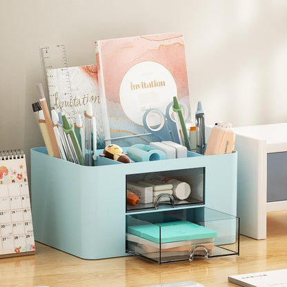Pen Organizer with 2 Drawer, Multi-Functional Pencil Holder for Desk, Desk Organizers and Accessories with 5 Compartments + Drawer for Office Art Supplies (White)