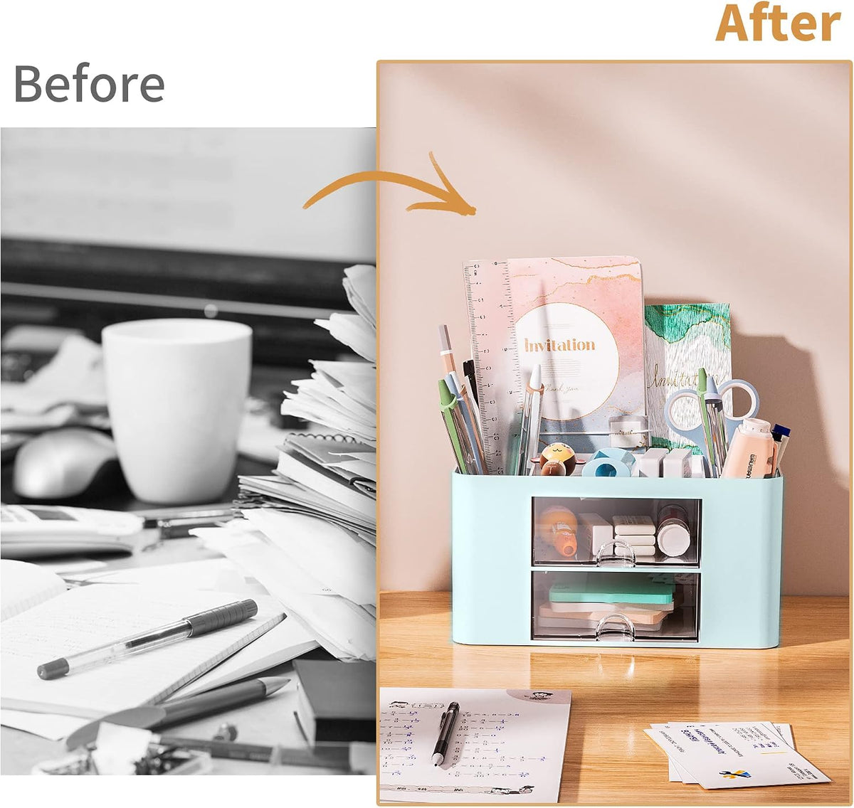 Pen Organizer with 2 Drawer, Multi-Functional Pencil Holder for Desk, Desk Organizers and Accessories with 5 Compartments + Drawer for Office Art Supplies (White)