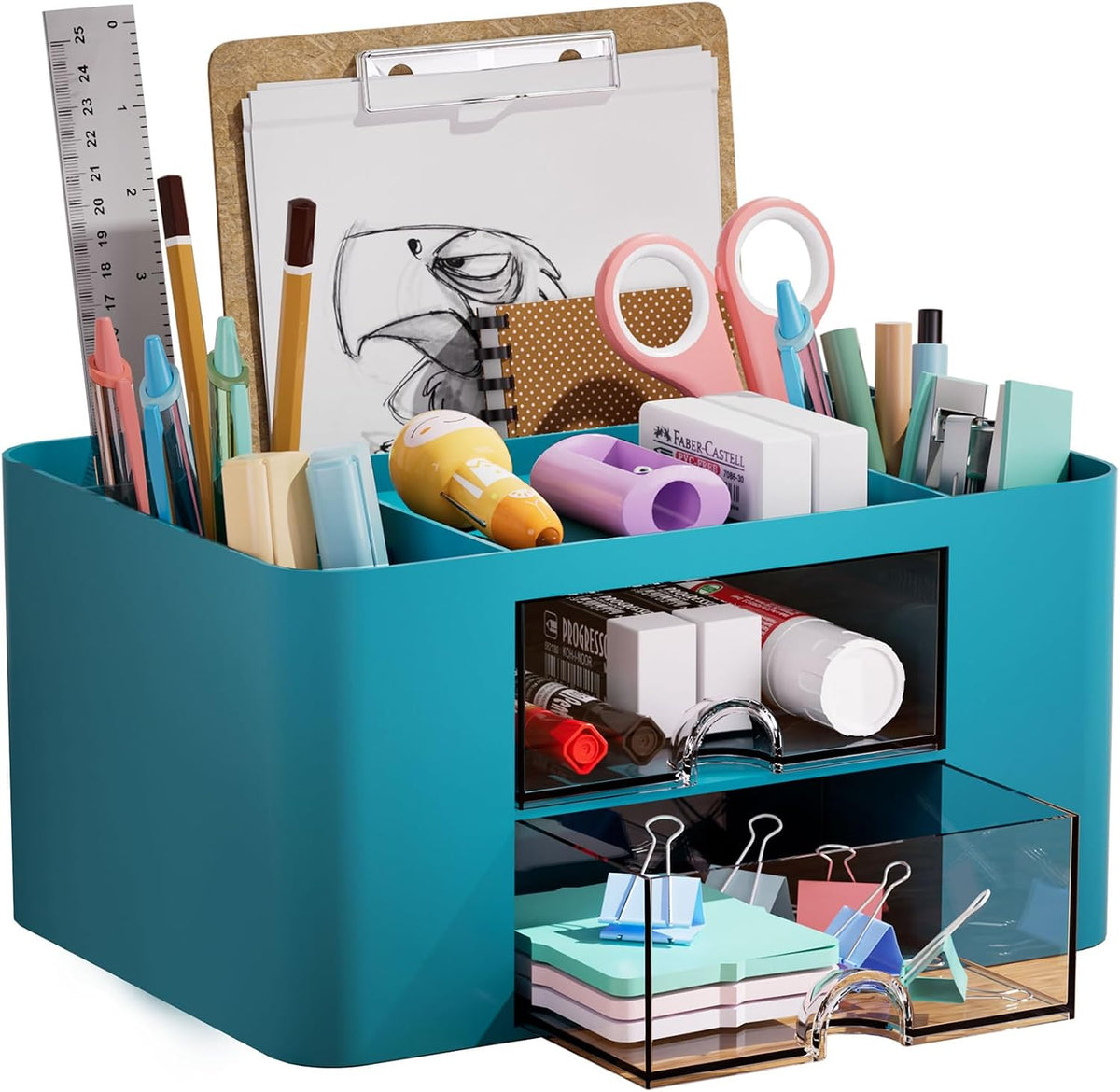Pen Organizer with 2 Drawer, Multi-Functional Pencil Holder for Desk, Desk Organizers and Accessories with 5 Compartments + Drawer for Office Art Supplies (White)