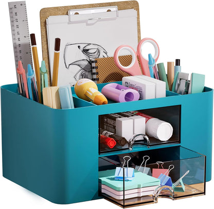 Pen Organizer with 2 Drawer, Multi-Functional Pencil Holder for Desk, Desk Organizers and Accessories with 5 Compartments + Drawer for Office Art Supplies (White)