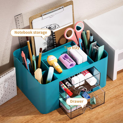 Pen Organizer with 2 Drawer, Multi-Functional Pencil Holder for Desk, Desk Organizers and Accessories with 5 Compartments + Drawer for Office Art Supplies (White)