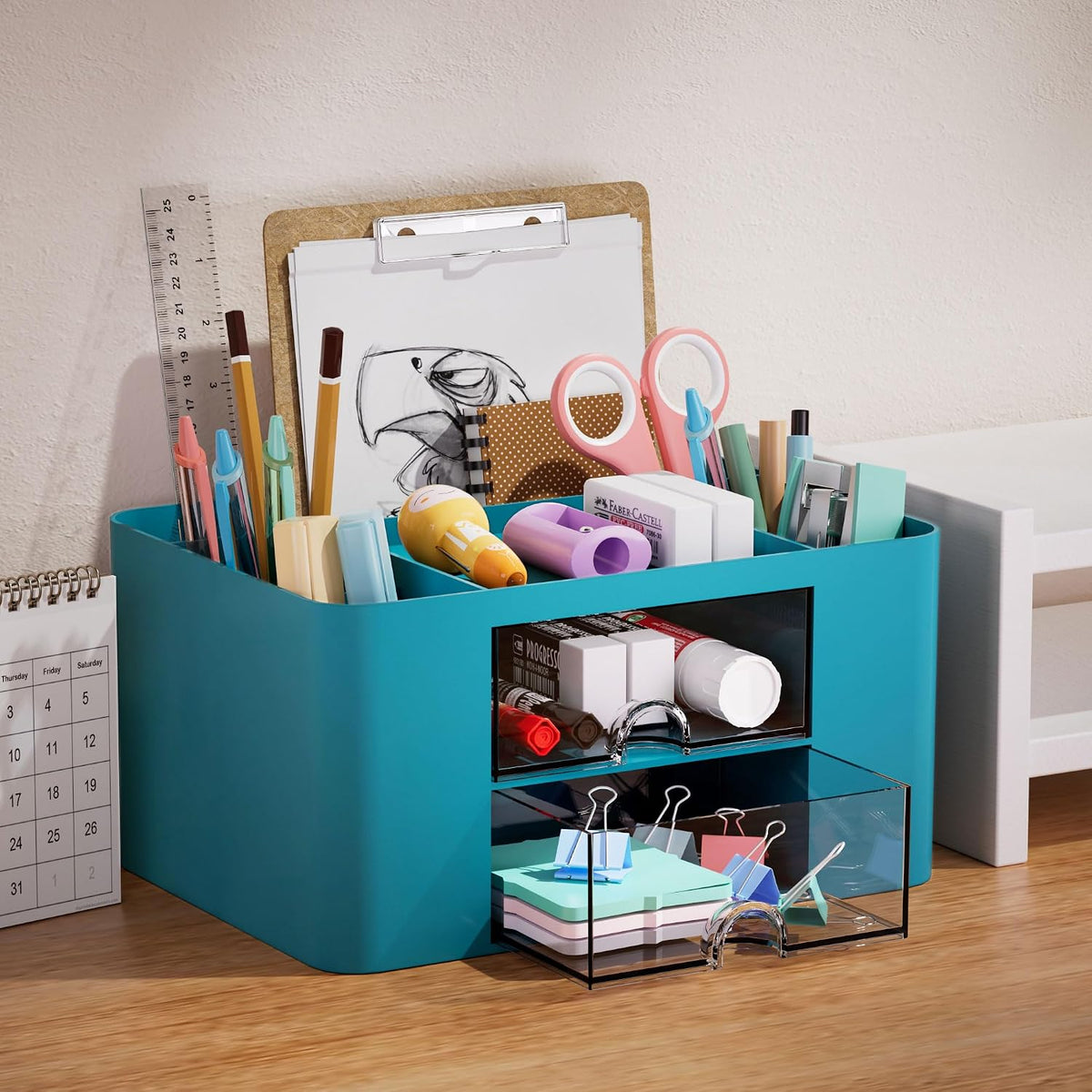 Pen Organizer with 2 Drawer, Multi-Functional Pencil Holder for Desk, Desk Organizers and Accessories with 5 Compartments + Drawer for Office Art Supplies (White)