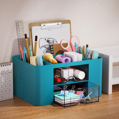 Pen Organizer with 2 Drawer, Multi-Functional Pencil Holder for Desk, Desk Organizers and Accessories with 5 Compartments + Drawer for Office Art Supplies (White)
