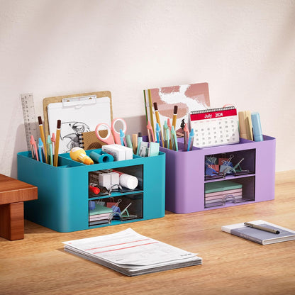 Pen Organizer with 2 Drawer, Multi-Functional Pencil Holder for Desk, Desk Organizers and Accessories with 5 Compartments + Drawer for Office Art Supplies (White)