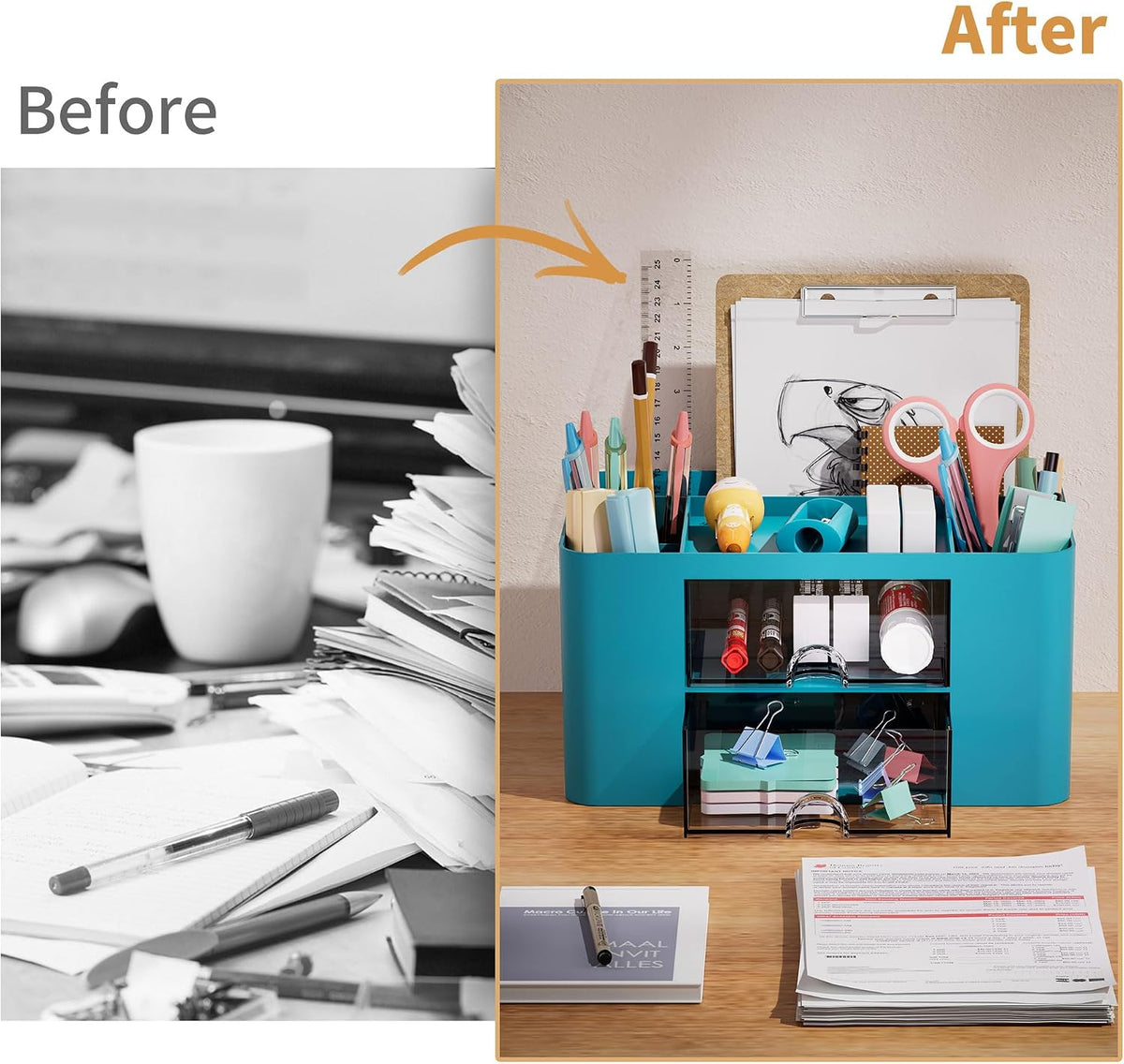 Pen Organizer with 2 Drawer, Multi-Functional Pencil Holder for Desk, Desk Organizers and Accessories with 5 Compartments + Drawer for Office Art Supplies (White)
