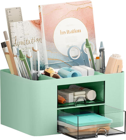 Pen Organizer with 2 Drawer, Multi-Functional Pencil Holder for Desk, Desk Organizers and Accessories with 5 Compartments + Drawer for Office Art Supplies (White)
