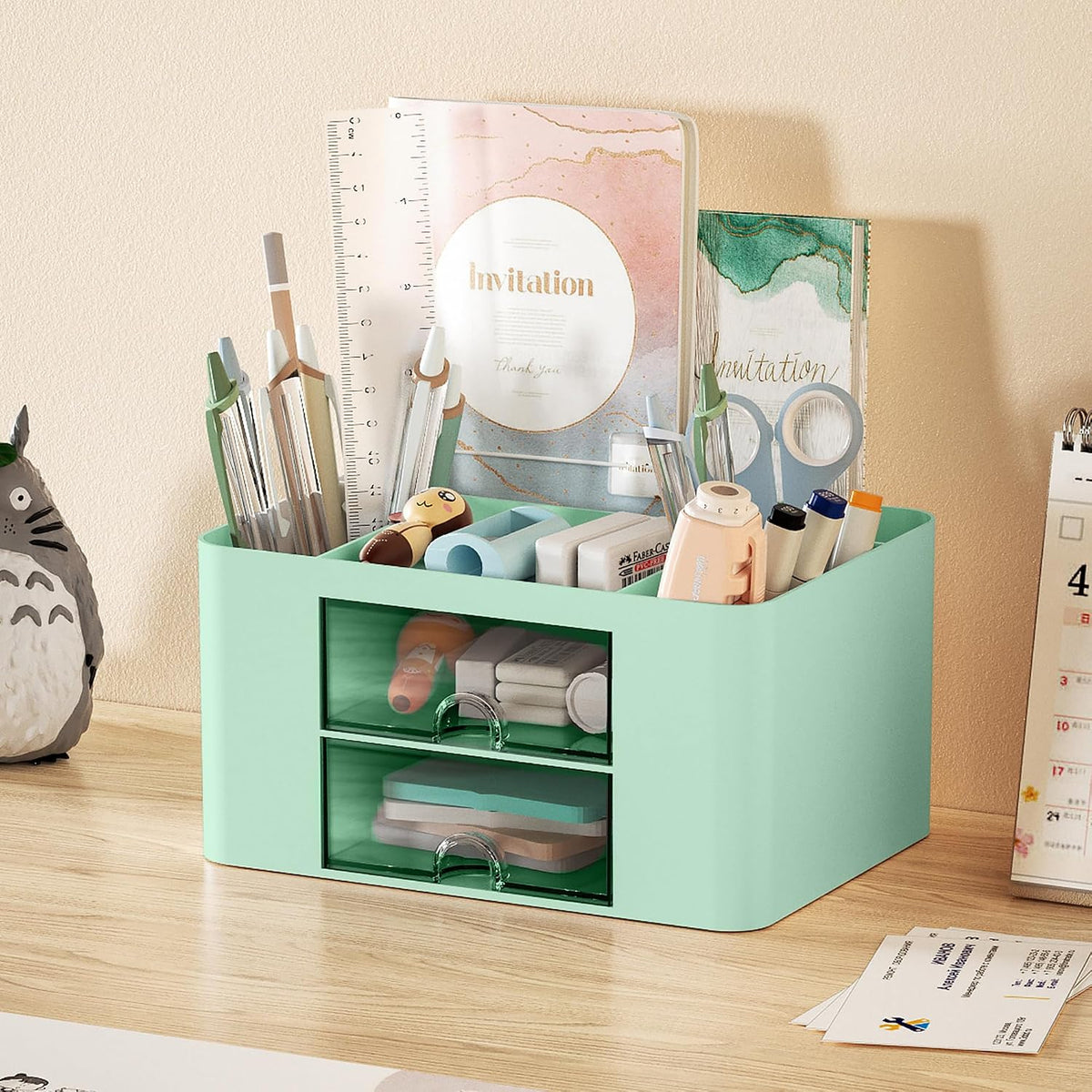 Pen Organizer with 2 Drawer, Multi-Functional Pencil Holder for Desk, Desk Organizers and Accessories with 5 Compartments + Drawer for Office Art Supplies (White)