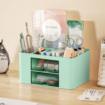Pen Organizer with 2 Drawer, Multi-Functional Pencil Holder for Desk, Desk Organizers and Accessories with 5 Compartments + Drawer for Office Art Supplies (White)