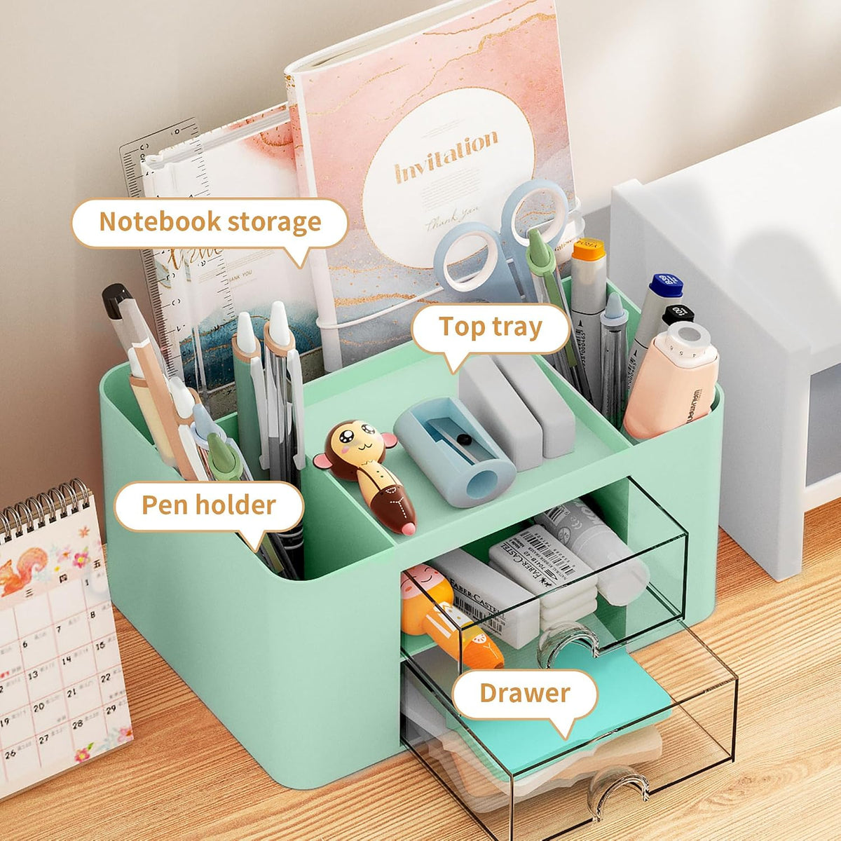 Pen Organizer with 2 Drawer, Multi-Functional Pencil Holder for Desk, Desk Organizers and Accessories with 5 Compartments + Drawer for Office Art Supplies (White)