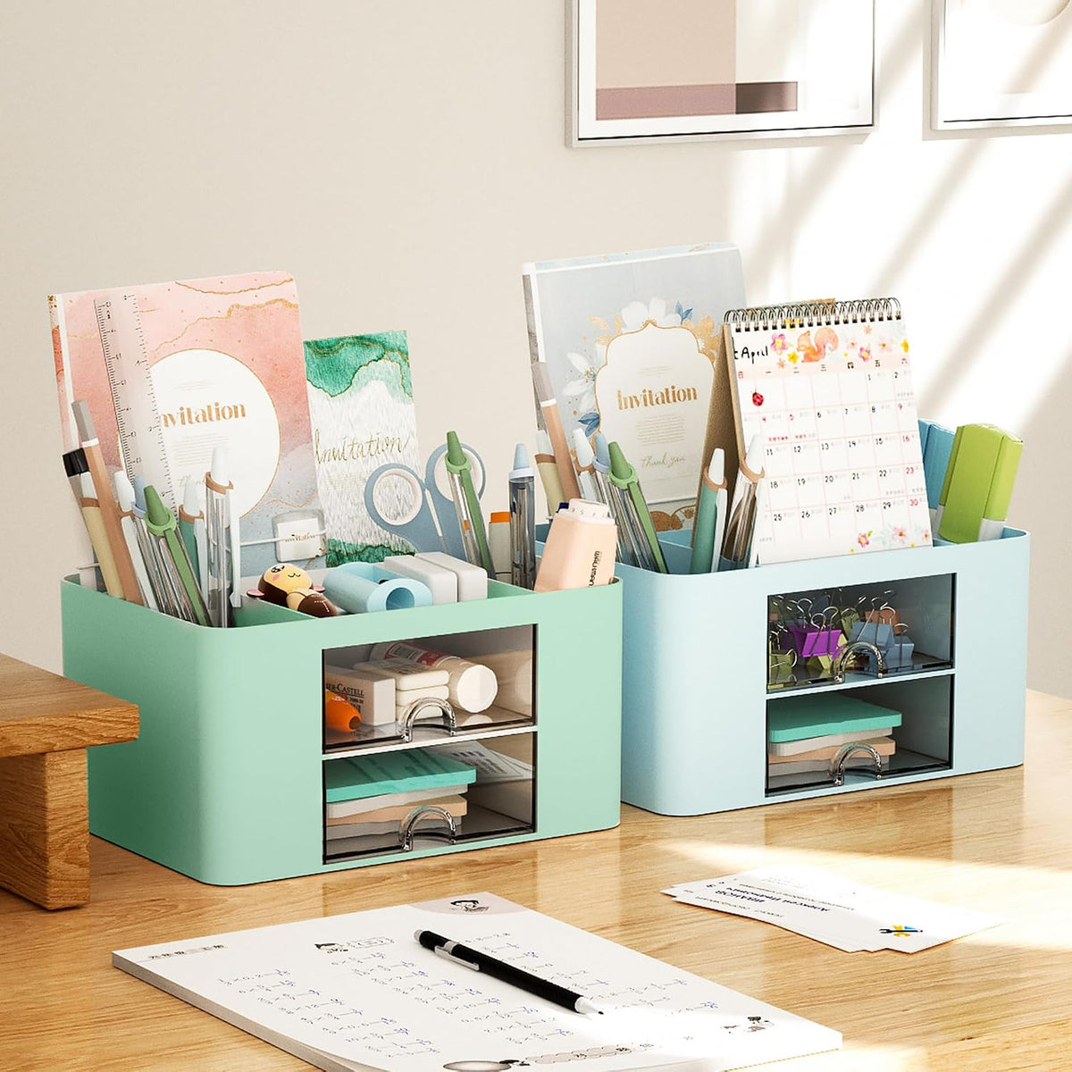 Pen Organizer with 2 Drawer, Multi-Functional Pencil Holder for Desk, Desk Organizers and Accessories with 5 Compartments + Drawer for Office Art Supplies (White)