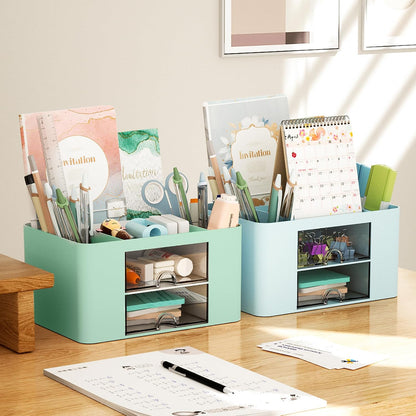 Pen Organizer with 2 Drawer, Multi-Functional Pencil Holder for Desk, Desk Organizers and Accessories with 5 Compartments + Drawer for Office Art Supplies (White)