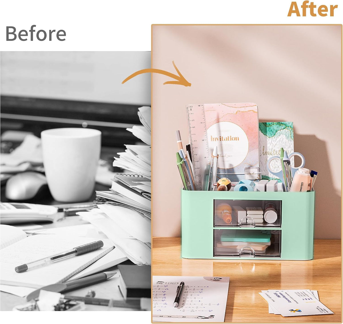 Pen Organizer with 2 Drawer, Multi-Functional Pencil Holder for Desk, Desk Organizers and Accessories with 5 Compartments + Drawer for Office Art Supplies (White)