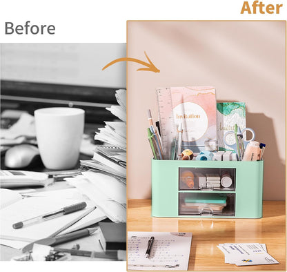 Pen Organizer with 2 Drawer, Multi-Functional Pencil Holder for Desk, Desk Organizers and Accessories with 5 Compartments + Drawer for Office Art Supplies (White)