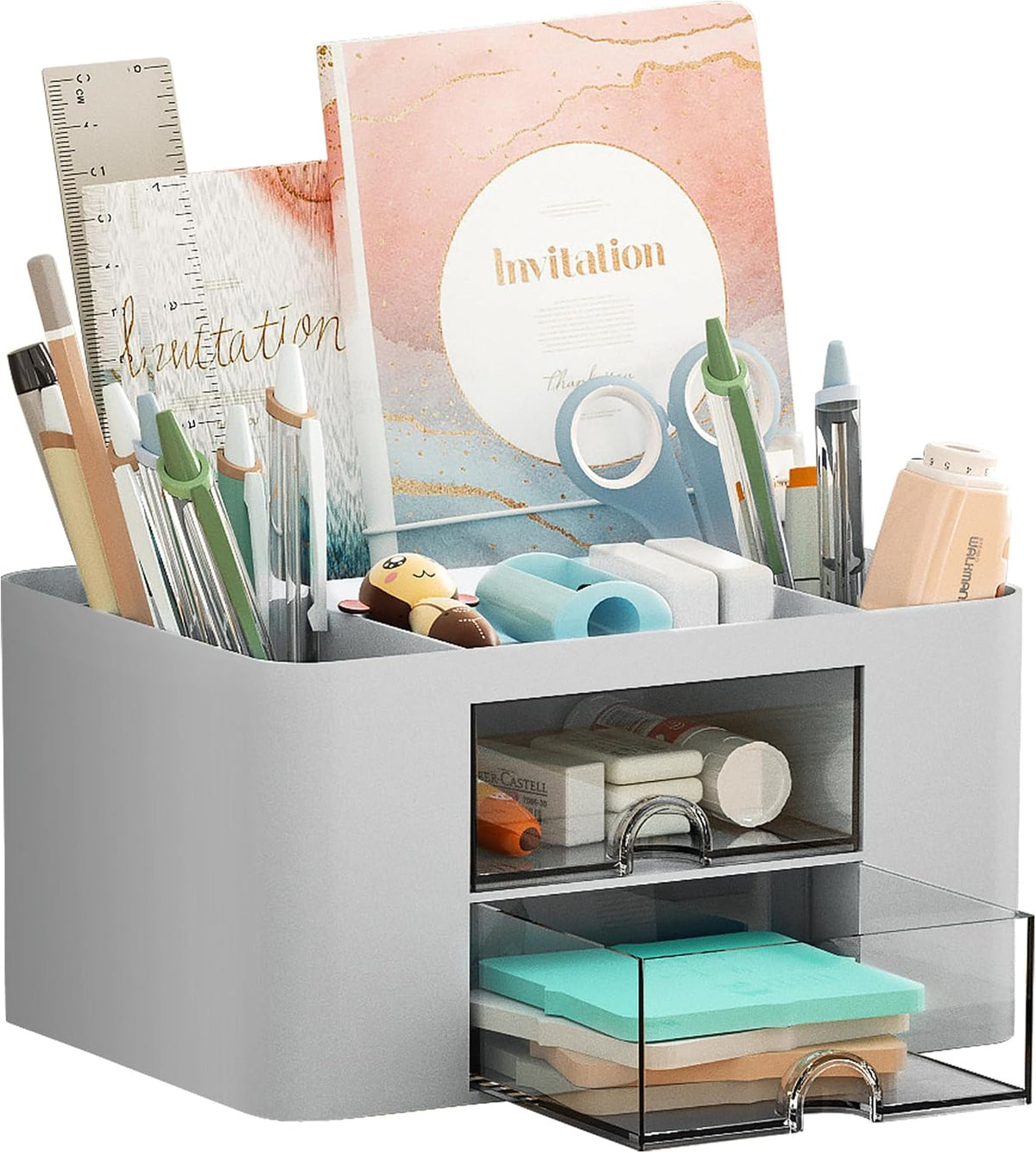Pen Organizer with 2 Drawer, Multi-Functional Pencil Holder for Desk, Desk Organizers and Accessories with 5 Compartments + Drawer for Office Art Supplies (White)