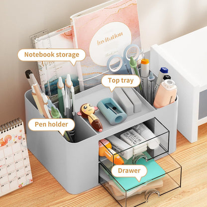 Pen Organizer with 2 Drawer, Multi-Functional Pencil Holder for Desk, Desk Organizers and Accessories with 5 Compartments + Drawer for Office Art Supplies (White)