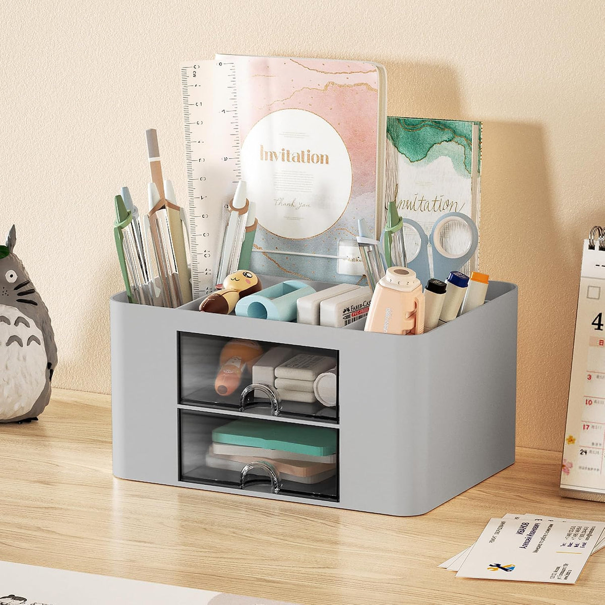 Pen Organizer with 2 Drawer, Multi-Functional Pencil Holder for Desk, Desk Organizers and Accessories with 5 Compartments + Drawer for Office Art Supplies (White)