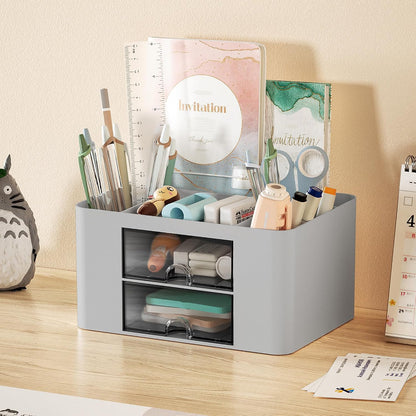 Pen Organizer with 2 Drawer, Multi-Functional Pencil Holder for Desk, Desk Organizers and Accessories with 5 Compartments + Drawer for Office Art Supplies (White)