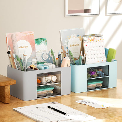 Pen Organizer with 2 Drawer, Multi-Functional Pencil Holder for Desk, Desk Organizers and Accessories with 5 Compartments + Drawer for Office Art Supplies (White)