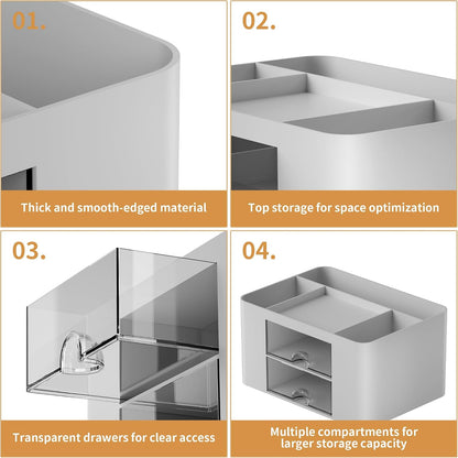 Pen Organizer with 2 Drawer, Multi-Functional Pencil Holder for Desk, Desk Organizers and Accessories with 5 Compartments + Drawer for Office Art Supplies (White)