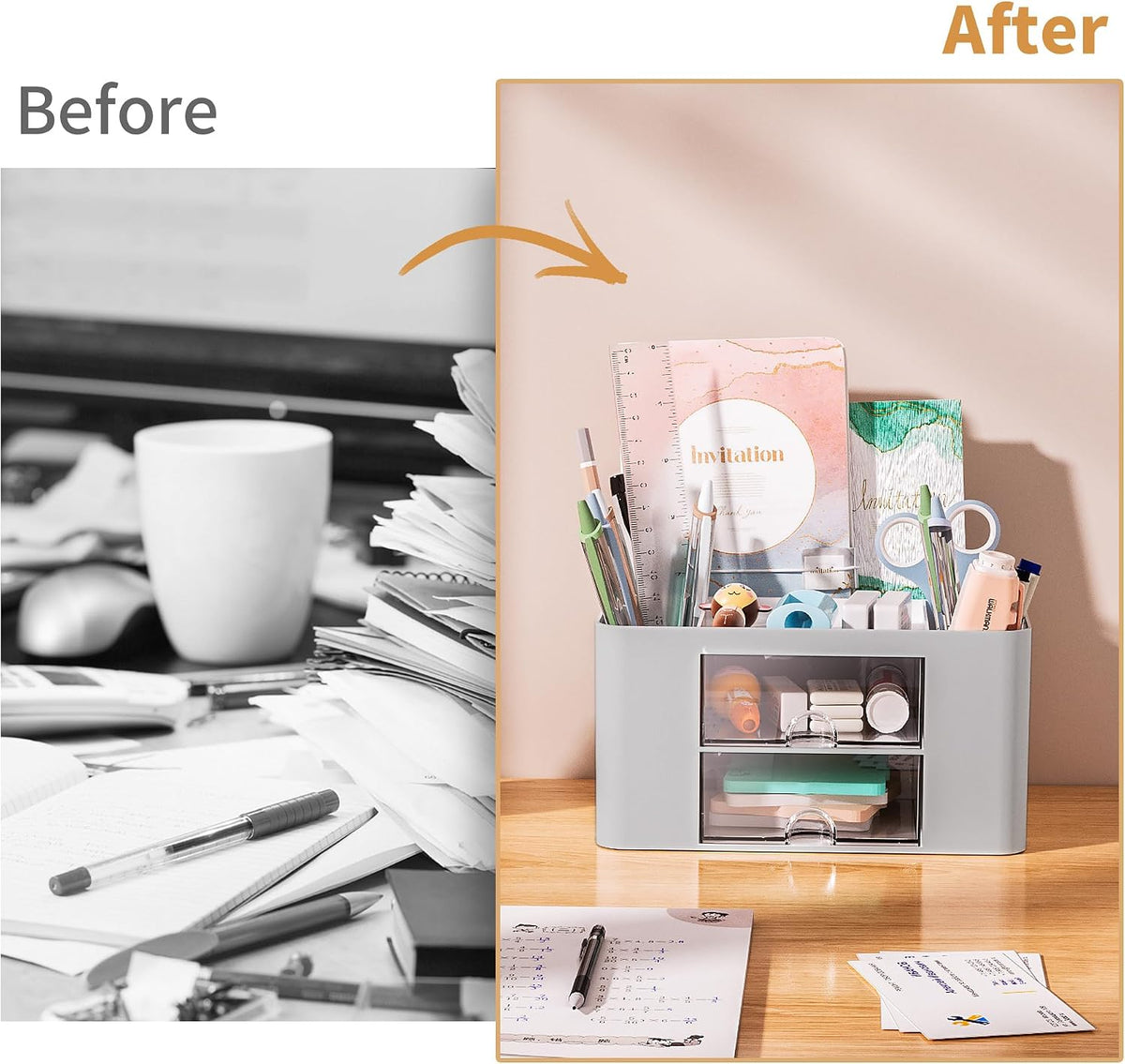 Pen Organizer with 2 Drawer, Multi-Functional Pencil Holder for Desk, Desk Organizers and Accessories with 5 Compartments + Drawer for Office Art Supplies (White)