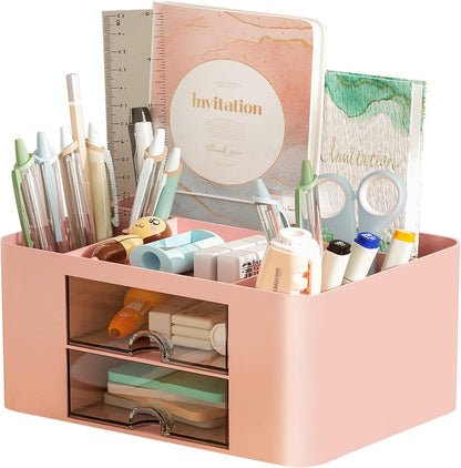 Pen Organizer with 2 Drawer, Multi-Functional Pencil Holder for Desk, Desk Organizers and Accessories with 5 Compartments + Drawer for Office Art Supplies (White)