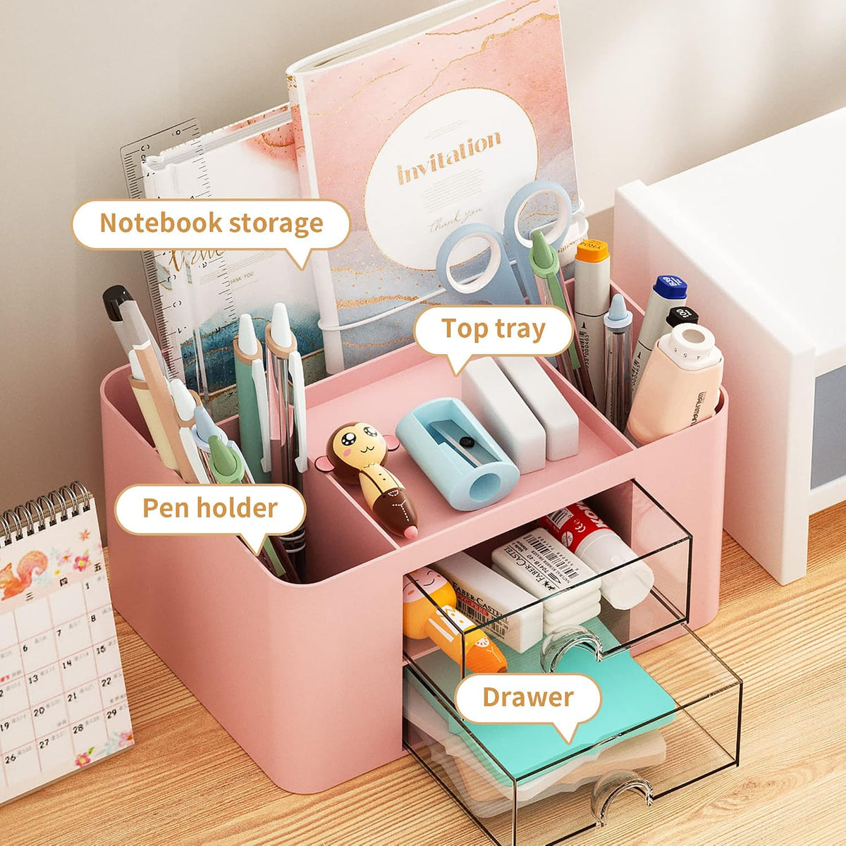 Pen Organizer with 2 Drawer, Multi-Functional Pencil Holder for Desk, Desk Organizers and Accessories with 5 Compartments + Drawer for Office Art Supplies (White)