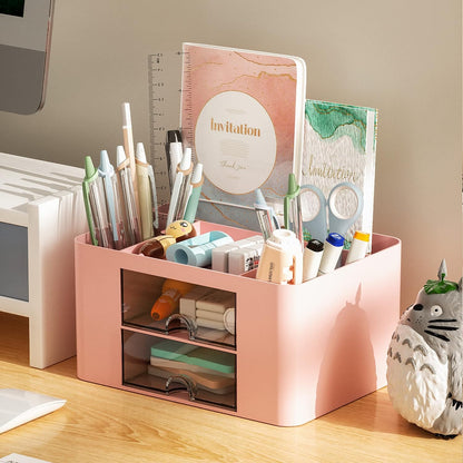 Pen Organizer with 2 Drawer, Multi-Functional Pencil Holder for Desk, Desk Organizers and Accessories with 5 Compartments + Drawer for Office Art Supplies (White)