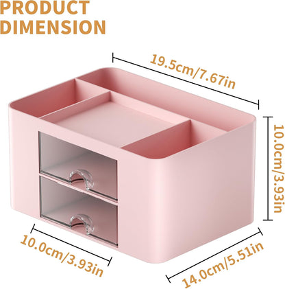 Pen Organizer with 2 Drawer, Multi-Functional Pencil Holder for Desk, Desk Organizers and Accessories with 5 Compartments + Drawer for Office Art Supplies (White)